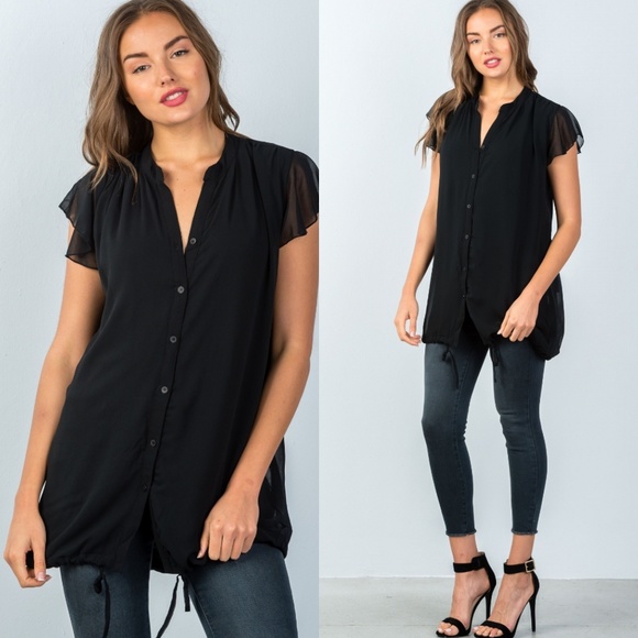 Miilla Clothing Tops - 🖤Black Flutter Sleeve Tunic Top with Tie Hem